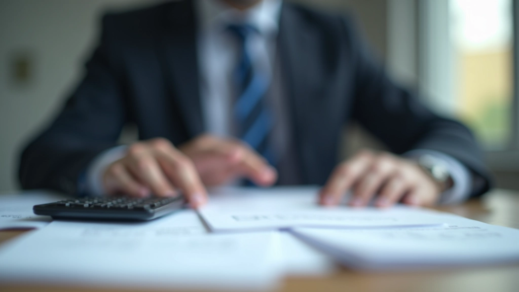 Účetní osoba s kalkulačkou a doklady o pojistném v kancelářském prostředí